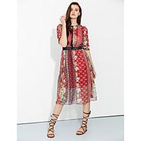 Women\'s Boho Going out Sophisticated A Line Swing Dress, Print Round Neck Midi ½ Length Sleeve Polyester Red Spring Mid Rise Micro-elastic