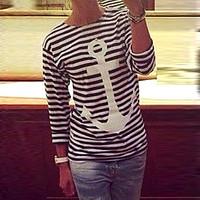 Women\'s Fine Stripe Anchor Print Stripe Long T-shirt