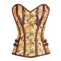 Women\'s Tan Satin Globe Print Overbust Corset with Thong