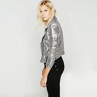 Women\'s Sequin Going out Party/Cocktail Sexy Simple Spring Fall Leather Jacket, Solid Shawl Lapel Long Sleeve Regular Polyester