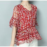 womens casual simple summer blouse print patchwork v neck short sleeve ...