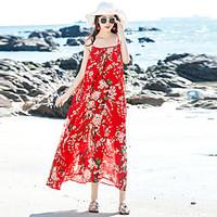 Women\'s Going out Beach Holiday Loose Dress, Floral Strap Maxi Sleeveless Polyester Summer Mid Rise Inelastic Thin