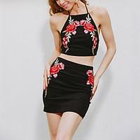 Women\'s Going out Casual/Daily Party Sexy Cute Summer Tank Top Skirt Suits Floral Halter Sleeveless Cotton Polyester Set Dress Black
