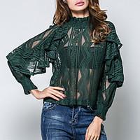 Women\'s Going out Formal Work Sexy Vintage Spring Summer Shirt Solid Jacquard Crew Neck Long Sleeve Cotton Lace Translucent White/Black/Green/Brown