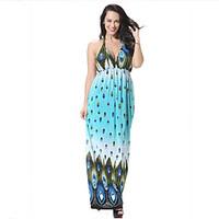 Women\'s Plus Size Boho Swing Dress, Polka Dot Halter Maxi Sleeveless Polyester Summer High Rise Micro-elastic Medium