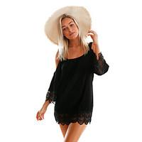 womens beach holiday loose dress solid round neck above knee sleeve po ...