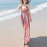 Women\'s Beach Holiday Boho Chiffon Dress Print V Neck Strap Backless Bow Maxi Sleeveless Summer Mid Rise Micro-elastic Medium