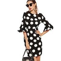 Women\'s Round Neck Vintage Polka Dot Bodycon Above Knee Length Sleeve Dress