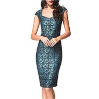 Women\'s Square Neck Work OL Sophisticated Jacquard Knee-length Short Sleeve Sheath Pencil Dress