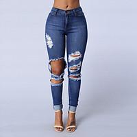 Women\'s Skinny Jeans PantsGoing out Casual/Daily Simple Street chic Solid Mid Rise Hole Slim Hin Thin Zipper Micro-elastic Spring Fall