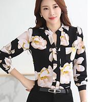 Women\'s Going out Simple Summer Fall Blouse, Print Shirt Collar Long Sleeve Polyester Medium