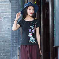 Women#39;s spring and summer national wind retro big yards embroidery flower plate buttons shirt Slim bottoming shirt short-sleeved T-shirt