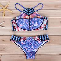 womens halter bikini lace up color block floral sport polyester