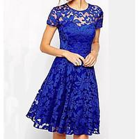 Women\'s Lace fashion in and America temperament round neck short sleeve lace dress