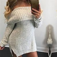 Women\'s Off The Shoulder Casual/Daily Sexy Cute Regular Pullover, Solid Gray Boat Neck Long Sleeve Acrylic Fall Winter Medium Micro-elastic