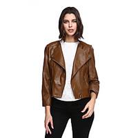 Women\'s Plus Size Going out Vintage Leather Jackets, Solid Long Sleeve Brown PU