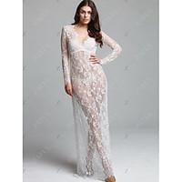 Women\'s Lace Casual/Daily Beach Holiday Sexy Lace Dress, Solid V Neck Maxi Long Sleeve Polyester Spring Summer High Rise Micro-elastic Thin