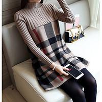 Women\'s Casual/Daily Simple Long Pullover, Plaid Turtleneck Long Sleeve Rayon Spring Fall Medium Micro-elastic