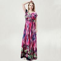 Women\'s Plus Size Boho Swing Dress, Print V Neck Maxi Short Sleeve Polyester Summer Fall High Rise Micro-elastic Medium
