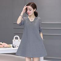 Women\'s Casual/Daily Loose Dress, Color Block Asymmetrical Midi Mini Long Sleeve Cotton Spring Fall High Rise Micro-elastic Medium