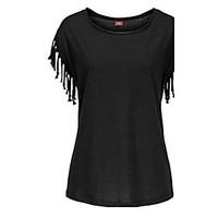 Women\'s Tassel Going out Casual/Daily Simple Summer T-shirt, Solid Round Neck Short Sleeve Cotton Thin