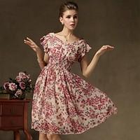 Women\'s Vintage Short Sleeve Floral Print Chiffon Dress