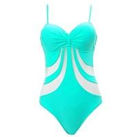 Womens Lace Up Fashion Push Up Striped Mesh Solid One-piece Swimsuit