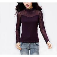 Women\'s Patchwork Black / Purple Blouse, Plus Size/ Casual Pleated Mesh Fashion Slim Ruff Collar Nylon