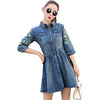 Women\'s Embroidery Really making spring flower embroidery stick pocket sleeve A-line dress denim skirt