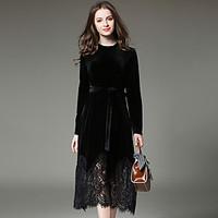 womens velvetlace spring velvet lace stitching long sleeved dress slim ...