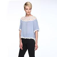 Women\'s Flare Sleeve Going out Simple Summer Blouse Patchwork Lace Hollow Out Boat Neck ½ Length Sleeve