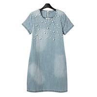 Women\'s Casual/Daily / Plus Size Street chic Denim Dress, Solid Round Neck Above Knee Short Sleeve Blue Cotton / Polyester / Spandex Spring