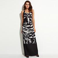 Women\'s Boho Party Sexy Sheath Dress, Print U Neck Maxi Sleeveless Black Polyester Summer