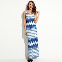 Women\'s BohoFine Stripe Party Sexy Sheath Dress, Striped U Neck Maxi Sleeveless Blue Polyester Summer