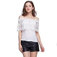 Women\'s Off The Shoulder Patchwork Lace All Match Sexy Cut Out T-shirt, Boat Neck Short Sleeve