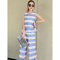 Women\'s Casual/Daily Simple Summer T-shirt Pant Suits, Striped Round Neck Sleeveless Patchwork Cotton Micro-elastic