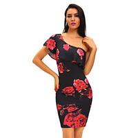 Women\'s Ruffle Rose Print Frill One Shoulder Midi Dress