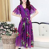 Women\'s Plus Size Going out Sophisticated Swing Dress, Print V Neck Midi Short Sleeve Silk Polyester Summer Mid Rise Micro-elastic Medium