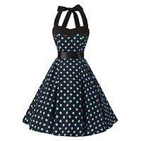 Women\'s Rockabilly Vintage Dress Black Blue Polka Dot Halter Knee-length Sleeveless Cotton All Seasons Mid Rise