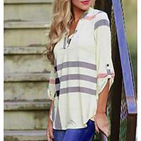 Women\'s Casual/Daily Street chic Fall Shirt, Striped V Neck ¾ Sleeve Cotton