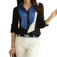 Women\'s Color Block Black/Blue Shirt, Work Shirt Collar Long Sleeve