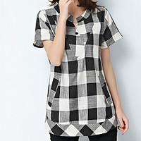 Women\'s Plus Size Casual/Daily Work Vintage Simple Sophisticated Summer Shirt, Check Notch Lapel Short Sleeve Blue Black Cotton