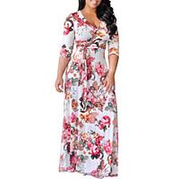 Women\'s Going out Casual/Daily Sexy Vintage Slim Fashion Sheath Swing DressFloral V Neck Maxi Length Sleeve Spring Fall High Rise