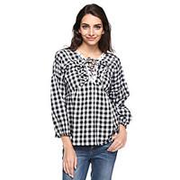Women\'s Plus Size / Casual/Daily Vintage Fall Shirt, Check V Neck Long Sleeve Black Cotton