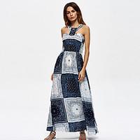 Women\'s Going out Casual/Daily Vintage Simple Sheath Dress, Print Halter Maxi Sleeveless Cotton Spring Summer Mid Rise Micro-elastic Medium