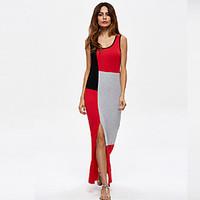 Women\'s Going out Casual/Daily Sexy Simple Bodycon Dress, Print Round Neck Maxi Sleeveless Cotton Spring Summer Mid Rise Micro-elastic