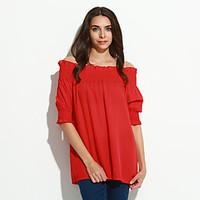 Women\'s Off The Shoulder Casual/Daily Sexy/Street chic Spring Blouse, Solid Boat Neck ½ Length Sleeve Red/Black/Orange Polyester Thin