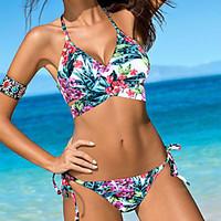 womens halter bikini lace up color block floral sport polyester