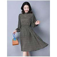 Women\'s Going out Casual/Daily Vintage Simple A Line Shift Dress, Striped Crew Neck Knee-length Long Sleeve Polyester Nylon Spring Mid Rise