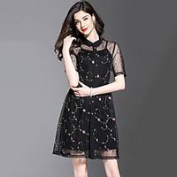 Women\'s Plus Size Going out Party Street chic Two Piece Slim Lace Dress Embroidered Mesh Stand Above Knee Short Sleeve Polyester Summer
